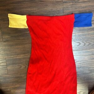 Color block, fashion brand company tube dress with tube sleeves.